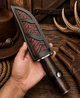Nightwood Trail Bowie Knife – Damascus Steel, Wenge Wood Handle & Leather Sheath