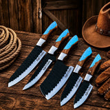 Western Chef Knife Set – D2 Steel Turquoise & Wood Handles