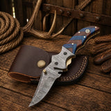 7.25" Western Cowboy Folding Pocket Knife – Damascus Steel & Compact Wood Handle