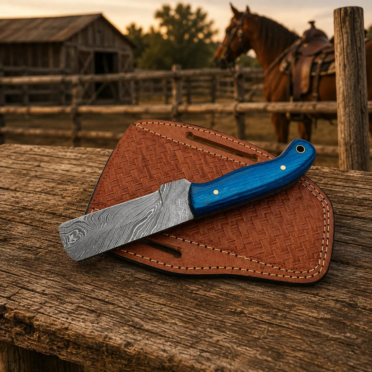 Westmere Damascus Cowboy Bull Cutter Knife – Pakkawood Handle & Leather Sheath