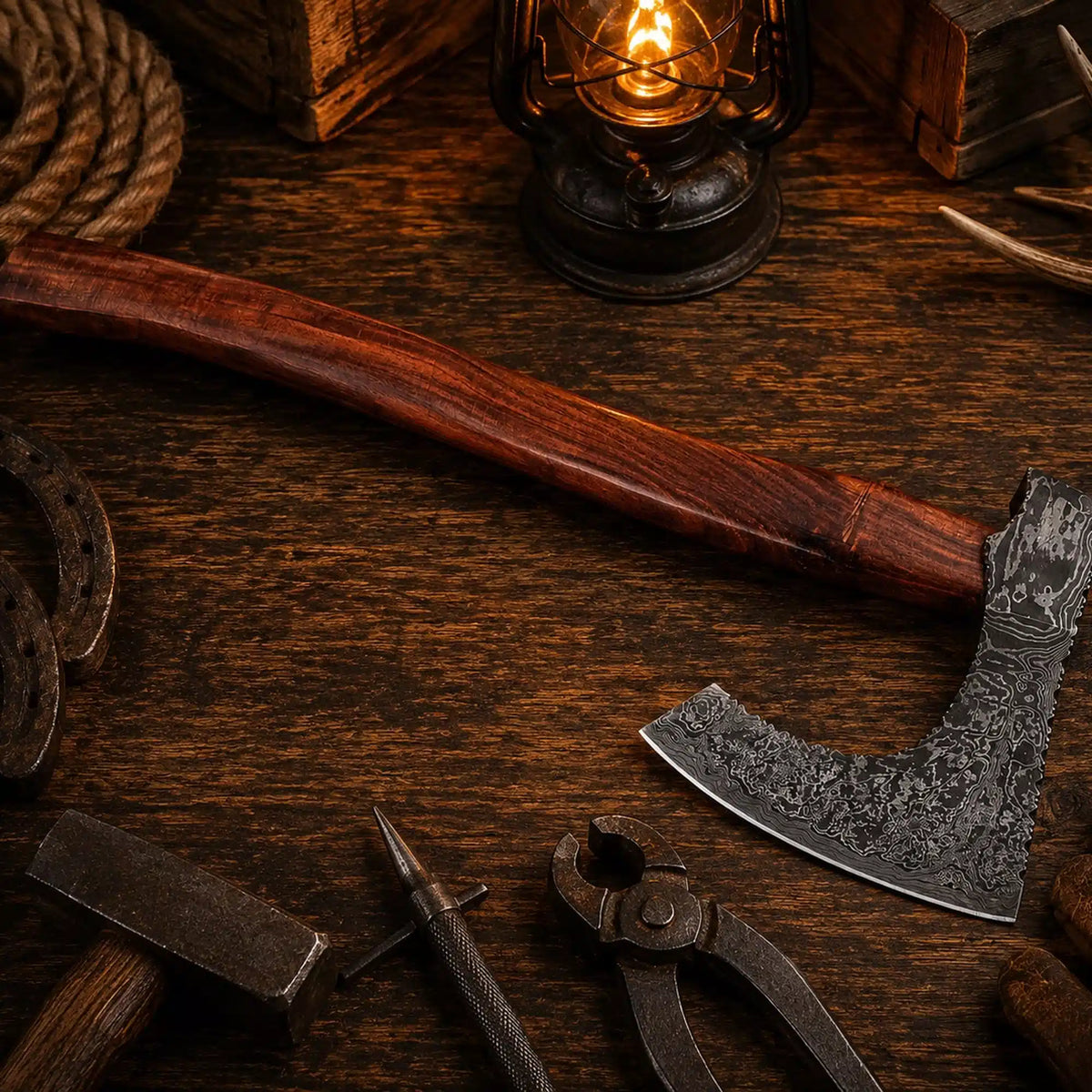 Wild Frontier Damascus Viking Axe – Rosewood Handle & Leather Sheath