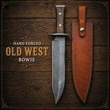 Hand Forged Bowie Hunting Knife with Wooden Handle & Leather Sheath
