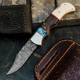 Damascus Hunting Pocket Knife with Camel Bone, Wenge & Resin Handle