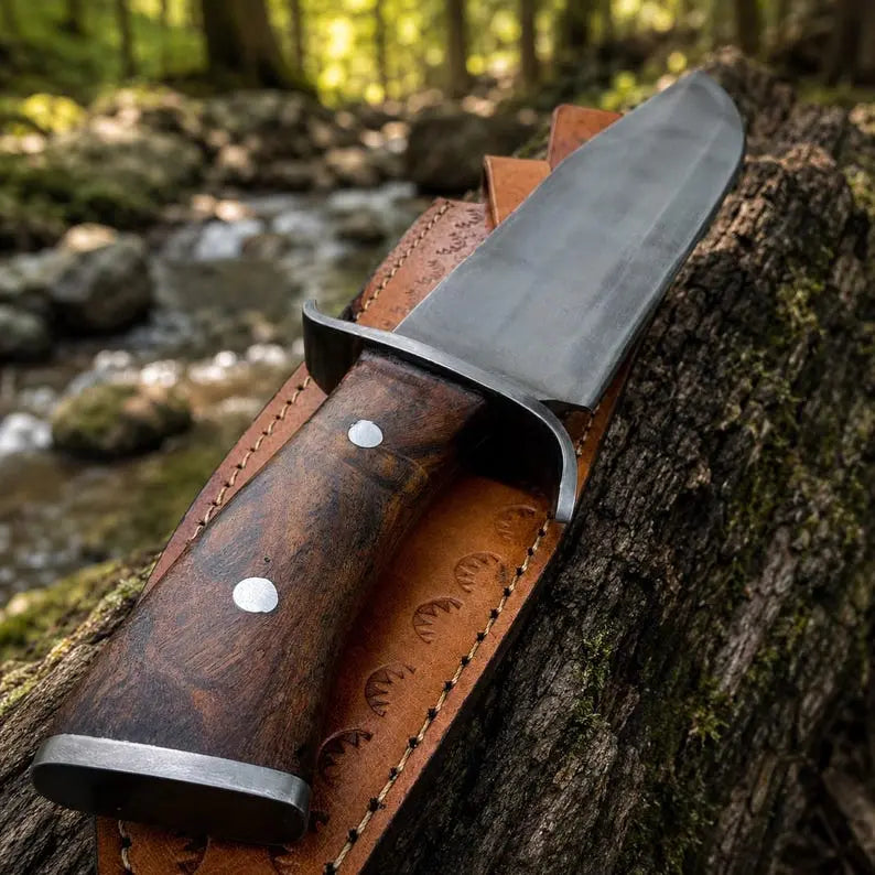 Hand Forged Bowie Hunting Knife with Wooden Handle & Leather Sheath