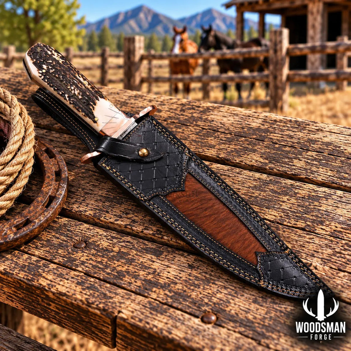 Copperwarden Copper Damascus Bowie Knife – Stag Antler Handle