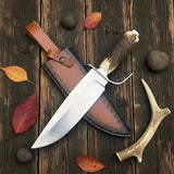 Handmade D2 Steel Bowie Knife – Natural Antler Handle & Leather Sheath