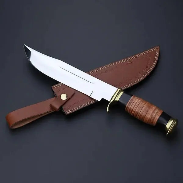 D2 Steel American Classic Bowie Knife – Stacked Leather Handle & Leather Sheath