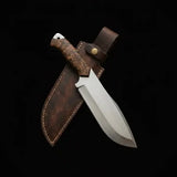 Handmade D2 Steel Bowie Knife – Stabilized Burl Wood Handle & Leather Sheath