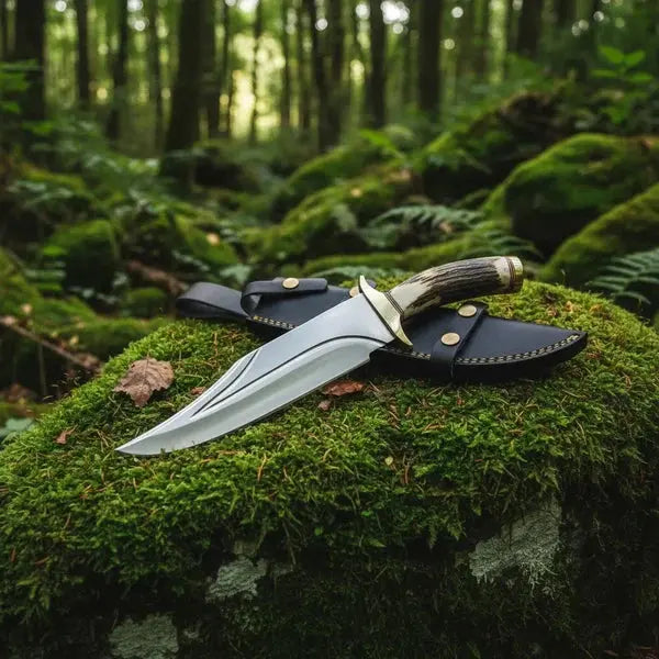 D2 Steel Bowie Knife – Twin Fuller Blade, Stag Antler Handle & Leather Sheath
