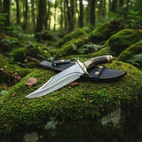 D2 Steel Bowie Knife – Twin Fuller Blade, Stag Antler Handle & Leather Sheath