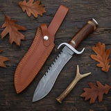 Handmade Damascus Bowie Knife – Antler & Rosewood Handle, Serrated Spine