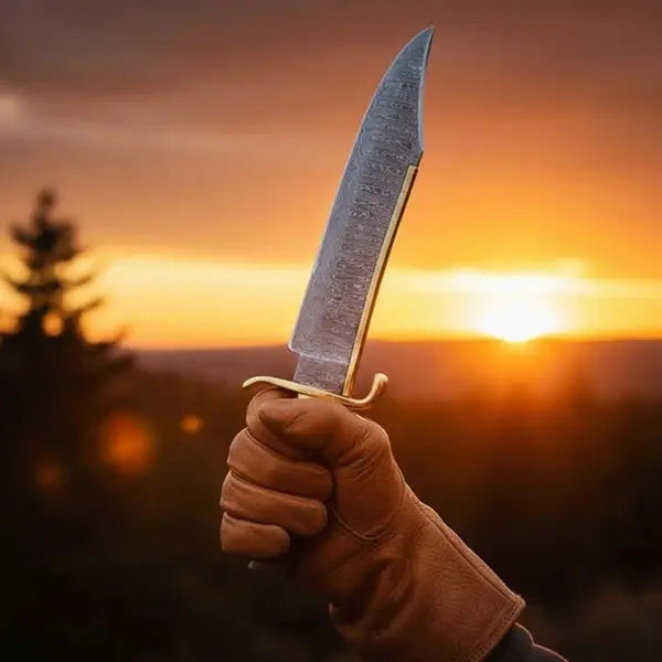 Handmade Damascus Bowie Knife – Rosewood Handle, Brass Guard & Leather Sheath