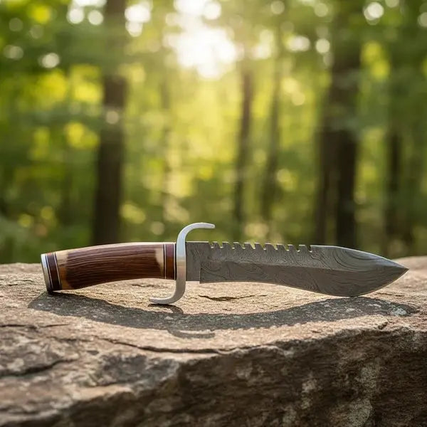 Handmade Damascus Bowie Knife – Antler & Rosewood Handle, Serrated Spine