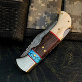 Damascus Hunting Pocket Knife with Camel Bone, Wenge & Resin Handle