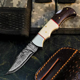 Damascus Folding Hunting Knife with Wenge & Camel Bone Handle