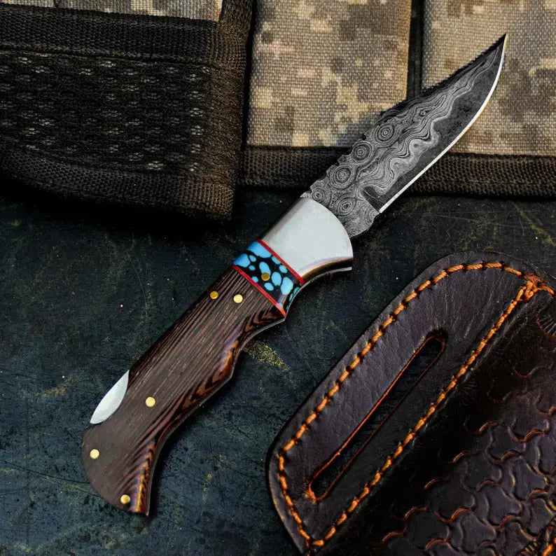 Damascus Folding Hunting Pocket Knife – Wenge Wood Handle