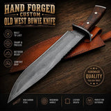 Hand Forged Bowie Hunting Knife with Wooden Handle & Leather Sheath