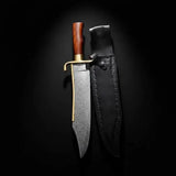 Handmade Damascus Bowie Knife – Rosewood Handle, Brass Guard & Leather Sheath