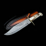 Handmade Damascus Bowie Knife – Stag Antler Handle, Brass Guard & Leather Sheath