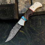 Damascus Hunting Pocket Knife with Camel Bone, Wenge & Resin Handle