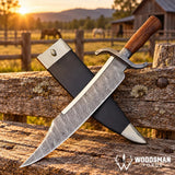 Ironwood Twisted Damascus Bowie Knife – Walnut Handle & Leather Sheath