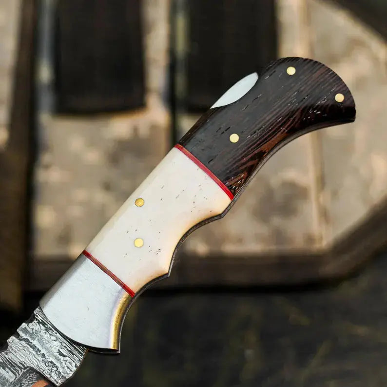 Damascus Folding Hunting Knife with Wenge & Camel Bone Handle