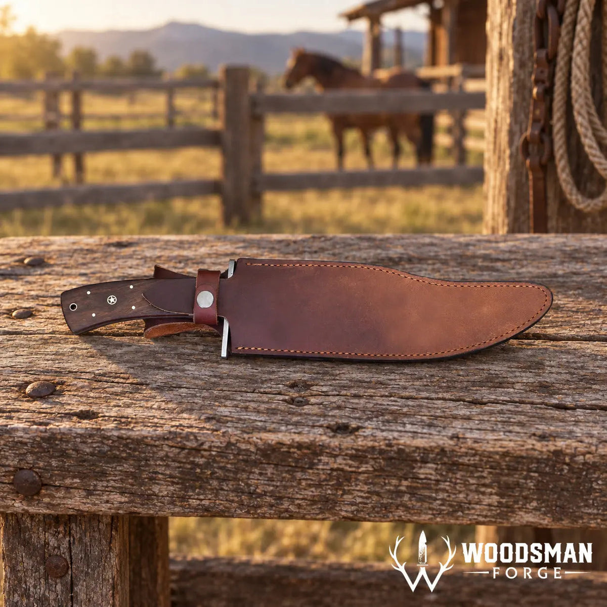Rosewarden Damascus Bowie Knife – Rosewood Handle & Leather Sheath