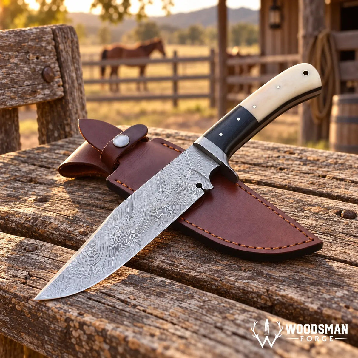 Stonebrook Damascus Bowie Knife – Bone & Micarta Handle