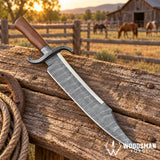 Ironwood Twisted Damascus Bowie Knife – Walnut Handle & Leather Sheath