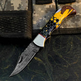 Damascus San Mai Hunting Knife with Wood & Resin Handle